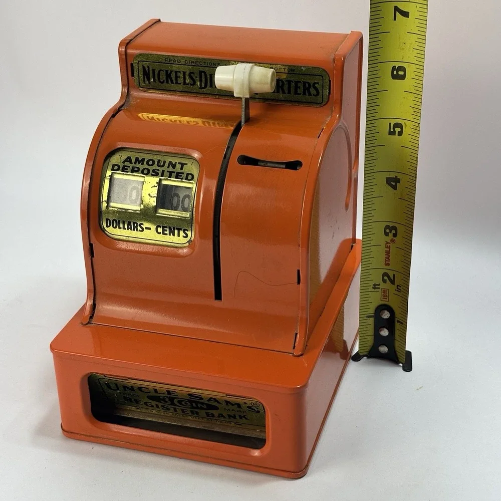 Vintage Orange Uncle Sam's 3 Coin Register Bank Metal Nickel Dime Quarters Japan